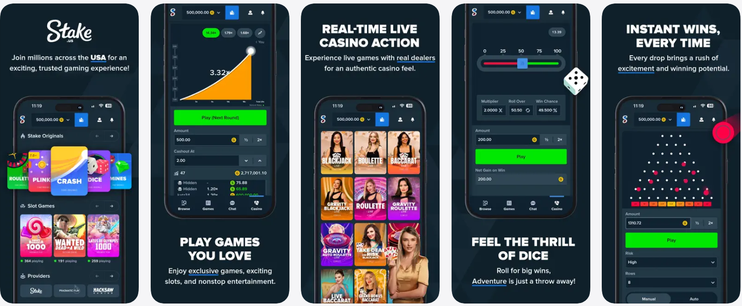 Stake.us mobile app screenshots showing Stake Originals, the live casino lobby with blackjack tables, and dice and plinko games